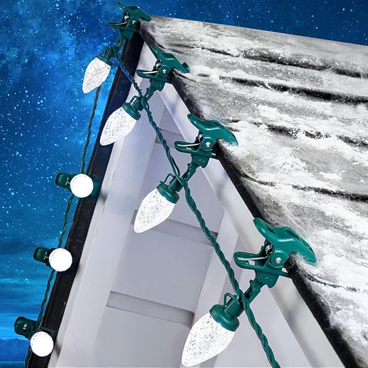 C9 LED Christmas Lights Outdoor with 100 Spring Clips, 81FT 100 LED C9 String Lights Waterproof Connectable Commercial Grade for Outside Roofline Patio House Garden Yard Christmas Decor, White 2 Pack