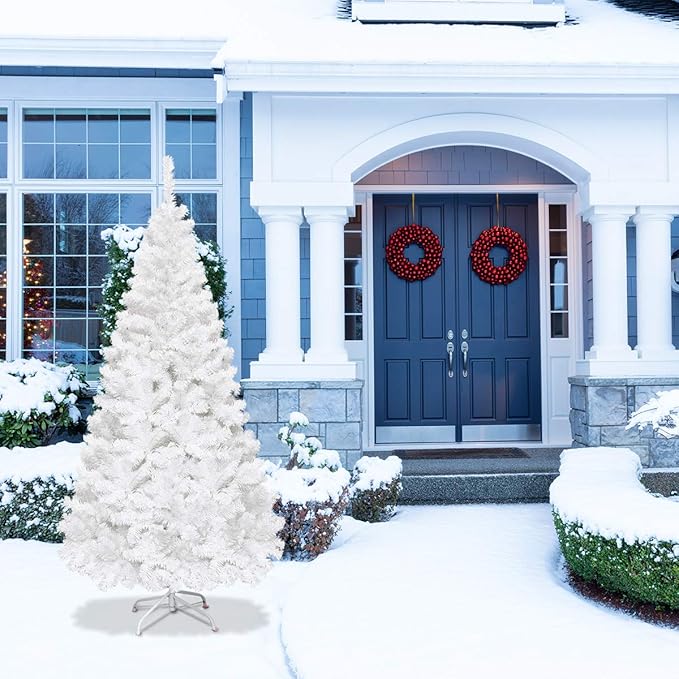 HAPPYGRILL 6FT Unlit White Artificial Christmas Tree with Solid Metal Stand, PVC Material 650 Branches Xmas Tree