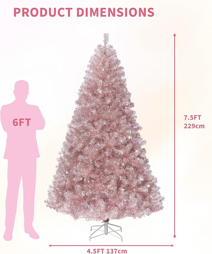 GAOMON 7.5Ft Christmas Tree, Rose Gold Artificial Full Prelighted Christmas Tree with Sturdy Metal Stand & Realistic Branch Tips, Skinny Xmas Holiday Decoration for Christmas, Home, Office, Rose Gold