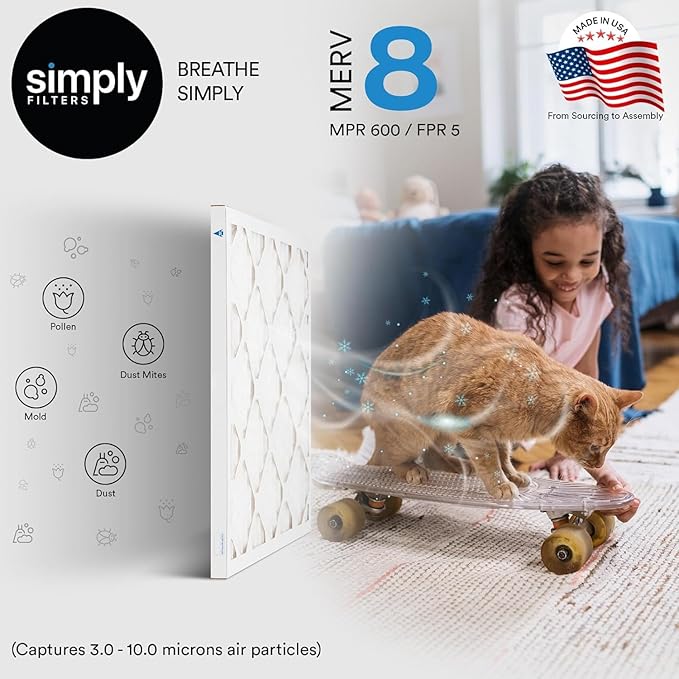 Simply 16x25x2 Air Filter, MERV 8, 6 Pack, Furnace Air Filter for HVAC (Actual Size:15.5"x24.5"x1.75") DUST, Pet, & Allergy Control
