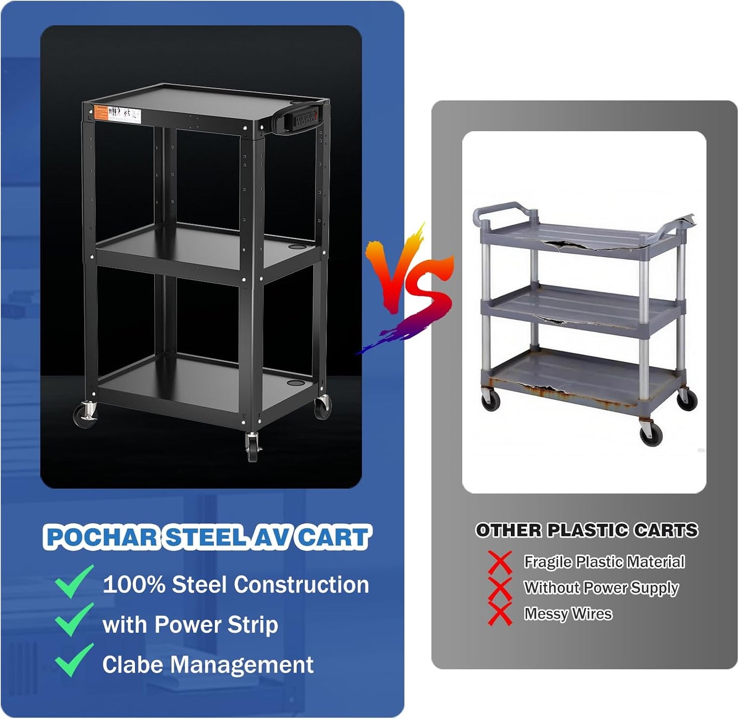 3 Shelf Metal Utility Cart with Wheels & Power Strip - Steel Mobile AV Cart for Video Projector, TV, Laptop, Computers, Printers - Height Adjustable Media Carts for Office Classroom Warehouse