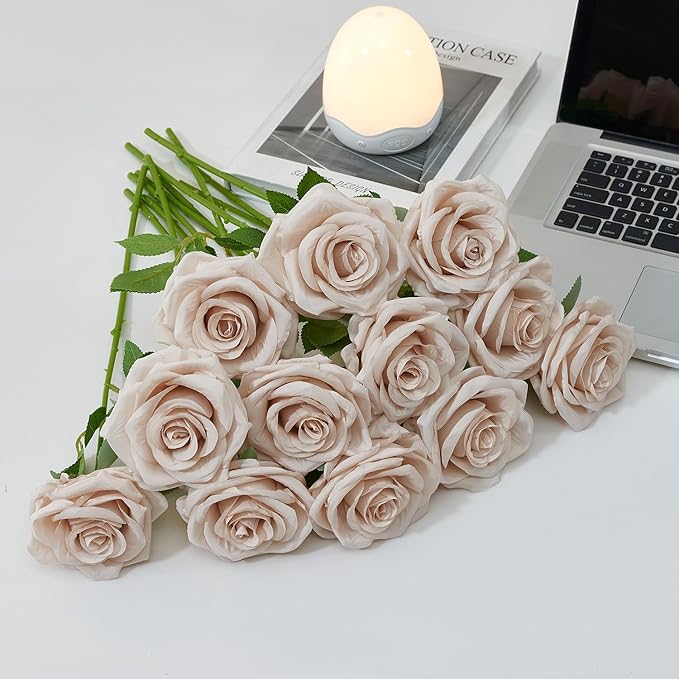 50Pcs Nude Roses Artificial Flowers Artificial Silk Roses Bulk,Fake Roses Flower with Stems Realistic Flowers for Wedding Centerpiece Home Party Decor