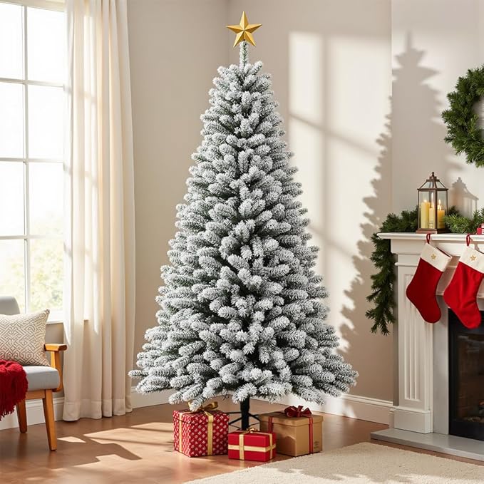 Prelit Christmas Tree with Lights 6ft - Premium Snow Flocked Artificial Xmas Tree,with 874 Branch Tips and 250 Warm Lightsm,Support Automatique,Perfect Choice for Christmas Decorations,White