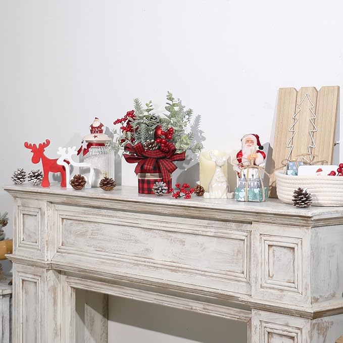 Small Buffalo Check Plaid Christmas Tree, Artificial Mini Tabletop Christmas Tree Decorations, for Winter Home Holiday Party Xmas Decor - Red/Black.