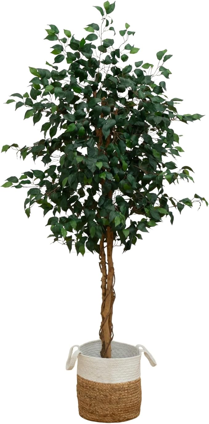 Nearly Natural 6ft. Triple Trunk Ficus Artificial Tree with Natural Trunks in Handmade Natural Jute and Cotton Basket Planter