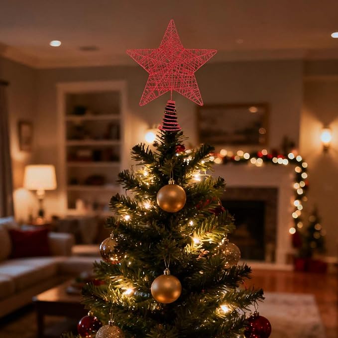 Christmas Tree Topper, 10" Glittering Xmas Star Treetop for Holiday Indoor Ornament Christmas Tree Decoration(Red)
