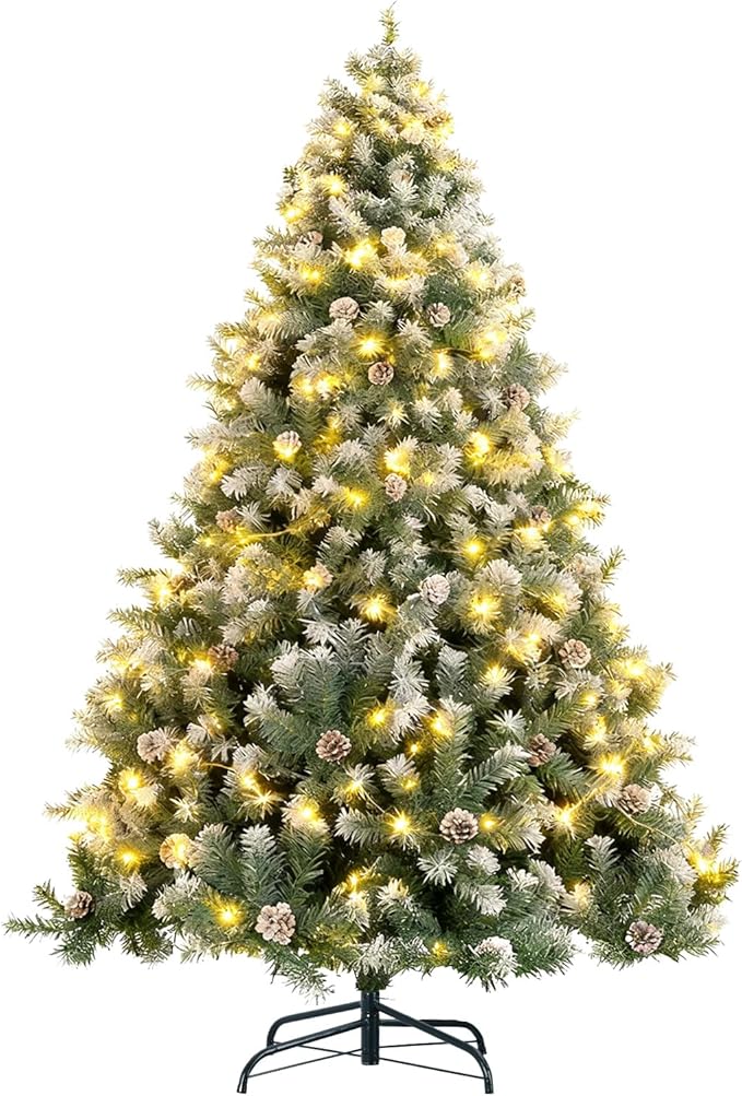 6ft Lighted Green Christmas Tree with Pine Cones, Snow Flocked Branches, and 300 Warm White LED Lights, Lush Realistic Artificial Xmas Tree with Sturdy Metal Stand for Indoor Holidays