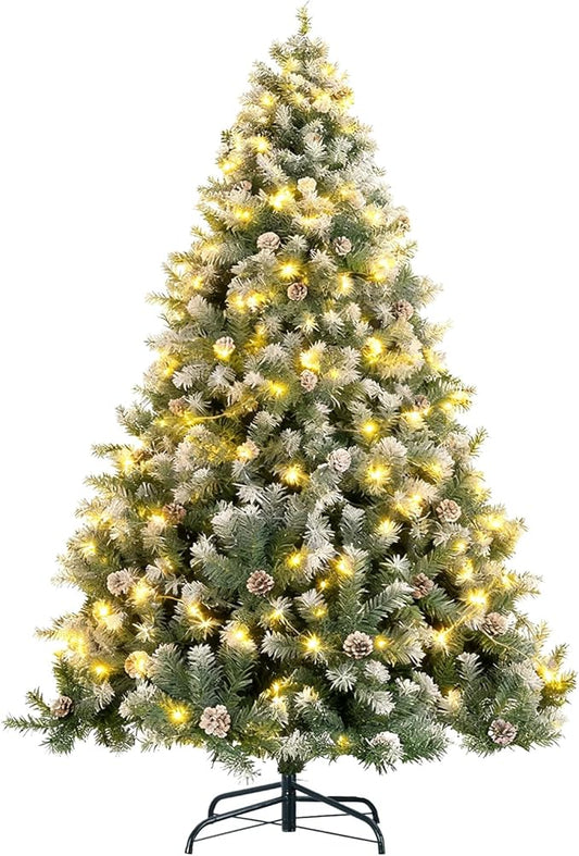 6ft Lighted Green Christmas Tree with Pine Cones, Snow Flocked Branches, and 300 Warm White LED Lights, Lush Realistic Artificial Xmas Tree with Sturdy Metal Stand for Indoor Holidays
