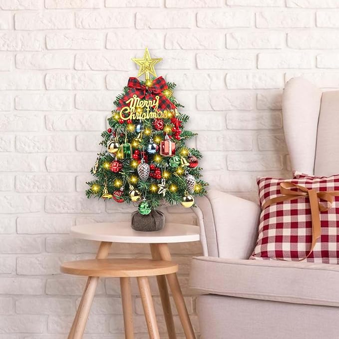 SVNVIOZ 2FT Small Tabletop Mini Artificial Christmas Tree with Lights, Red Green Ornaments - Xmas Tree for Holiday Home Decoration