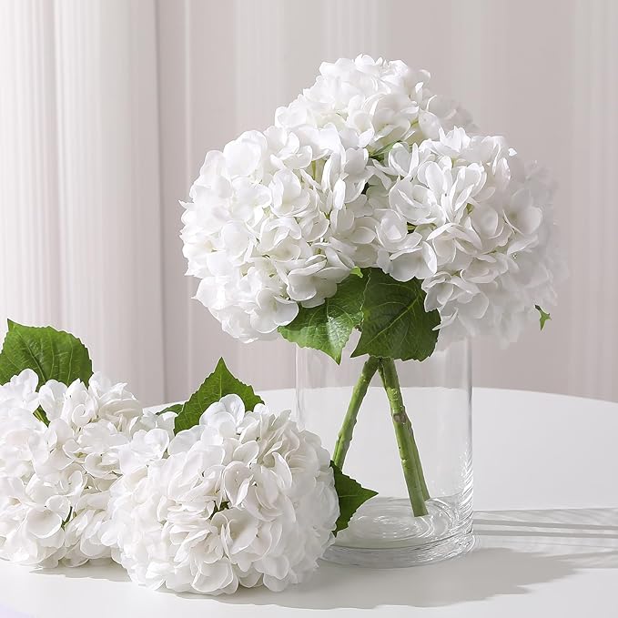 Nubry 22.44In White Hydrangea Artificial Flowers, 3Pcs Latex Faux Real Touch Large Hydrangea Flowers with Long Stems & Leaves for Home Office Decor Wedding Party Arrangements(White)