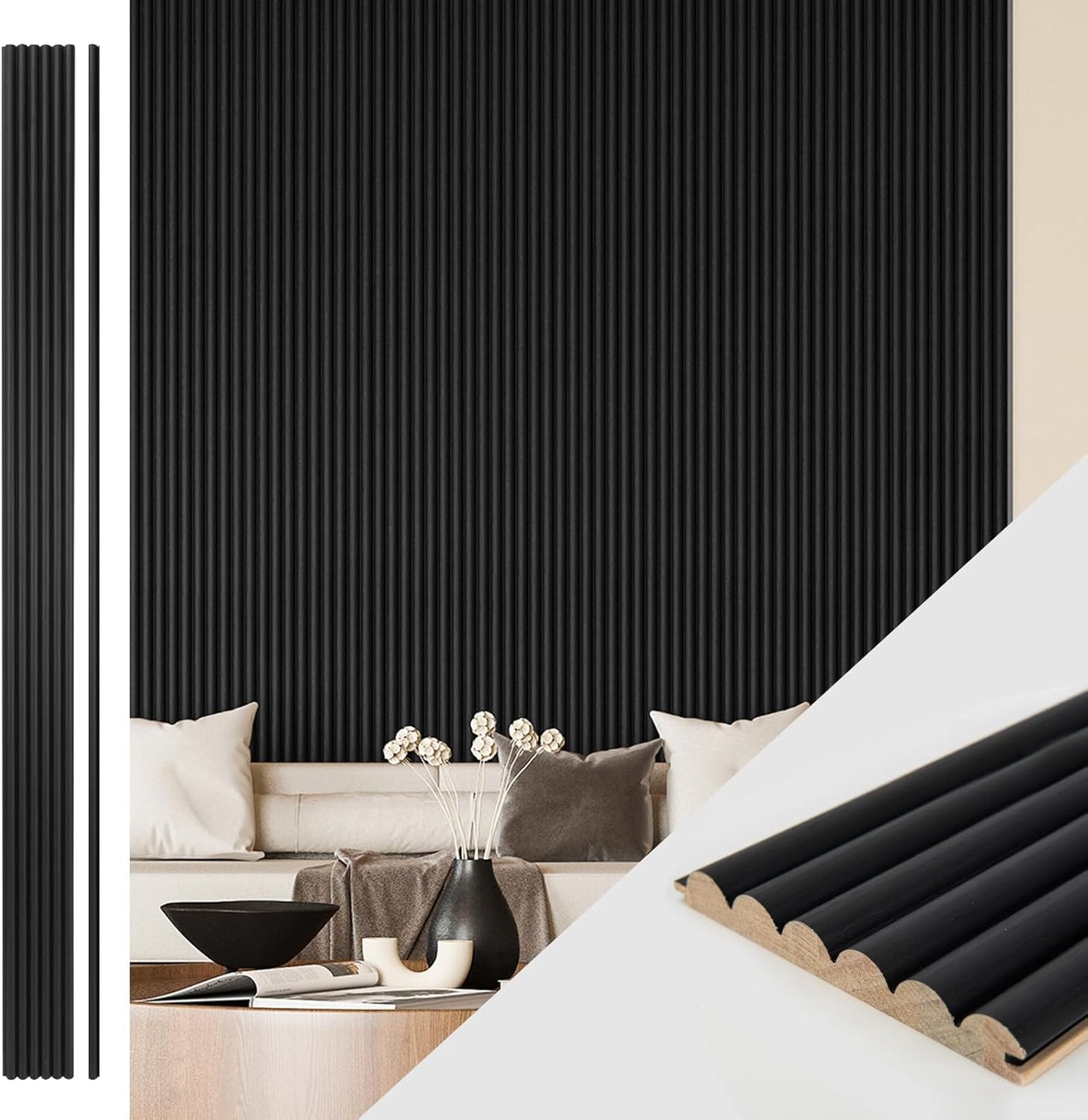 Art3d Fluted Wood Panel for Wall and Ceiling, Beaded Accent molding for Home Decoration, Pack of 4pcs + 1pc End-Trim, Size 108 x 5.7in.- Beaded Black
