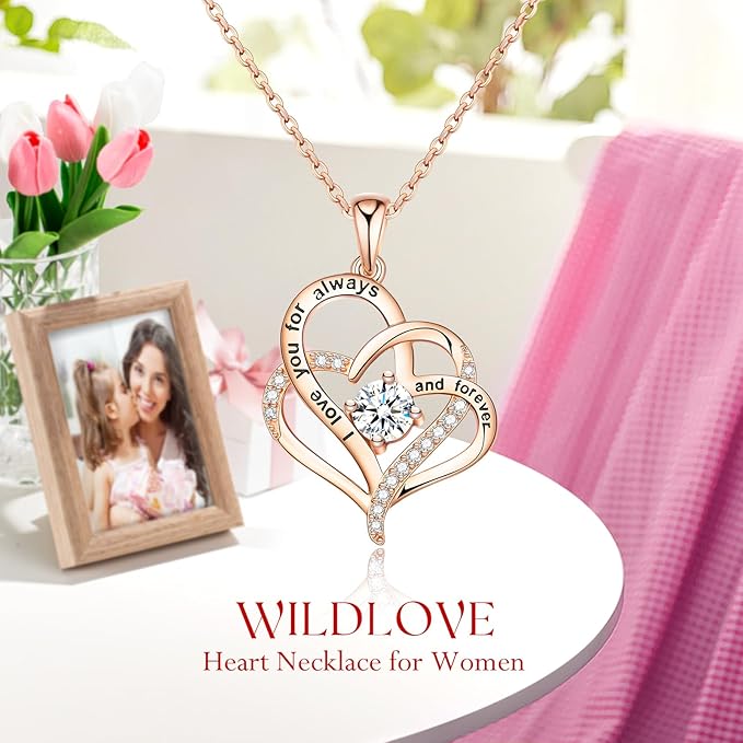 WILDLOVE Forever Real Rose with Heart Necklace, Preserved Flowers Gifts for Mom, Wife and Girlfriend on Christmas, Mother's Day, Birthday for Women