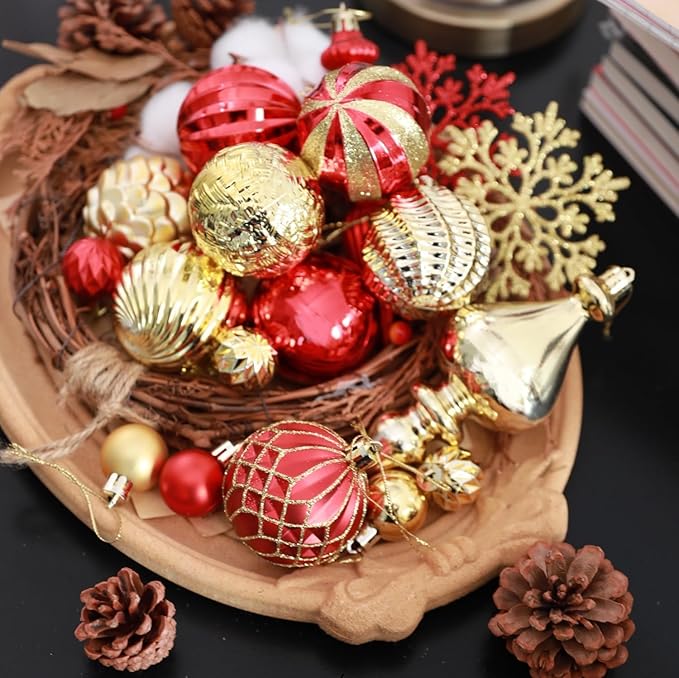 Christmas Tree Ornaments Decorations Set-116ct 1.18-6.5 Inch Assorted Red Gold Shatterproof Decorative Hanging Christmas Ball Ornaments Bulk,Xmas Tree Tabletop Decorations for Holiday Decor
