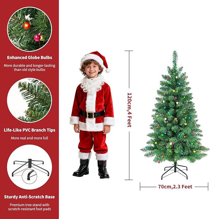 4FT Christmas Tree LED Bulbs Pre-Lit, Premium Artificial Christmas Tree with Lights, Decorated Xmas Tree with Tripod Stands for Indoor Home Office Party Holiday Decoration, ETL Listed