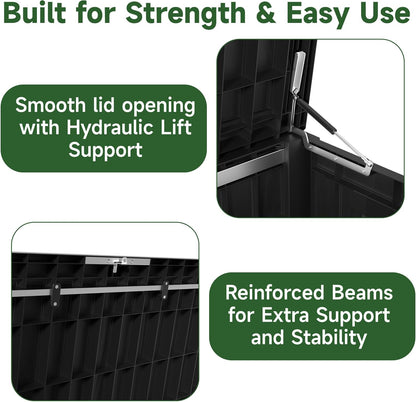 120 Gallon Outdoor Storage Box Waterproof, UV Resistant Resin Deck Box with Hydraulic Rod, Reinforced Stability for Patio, Garden, and Pool, Striped Black