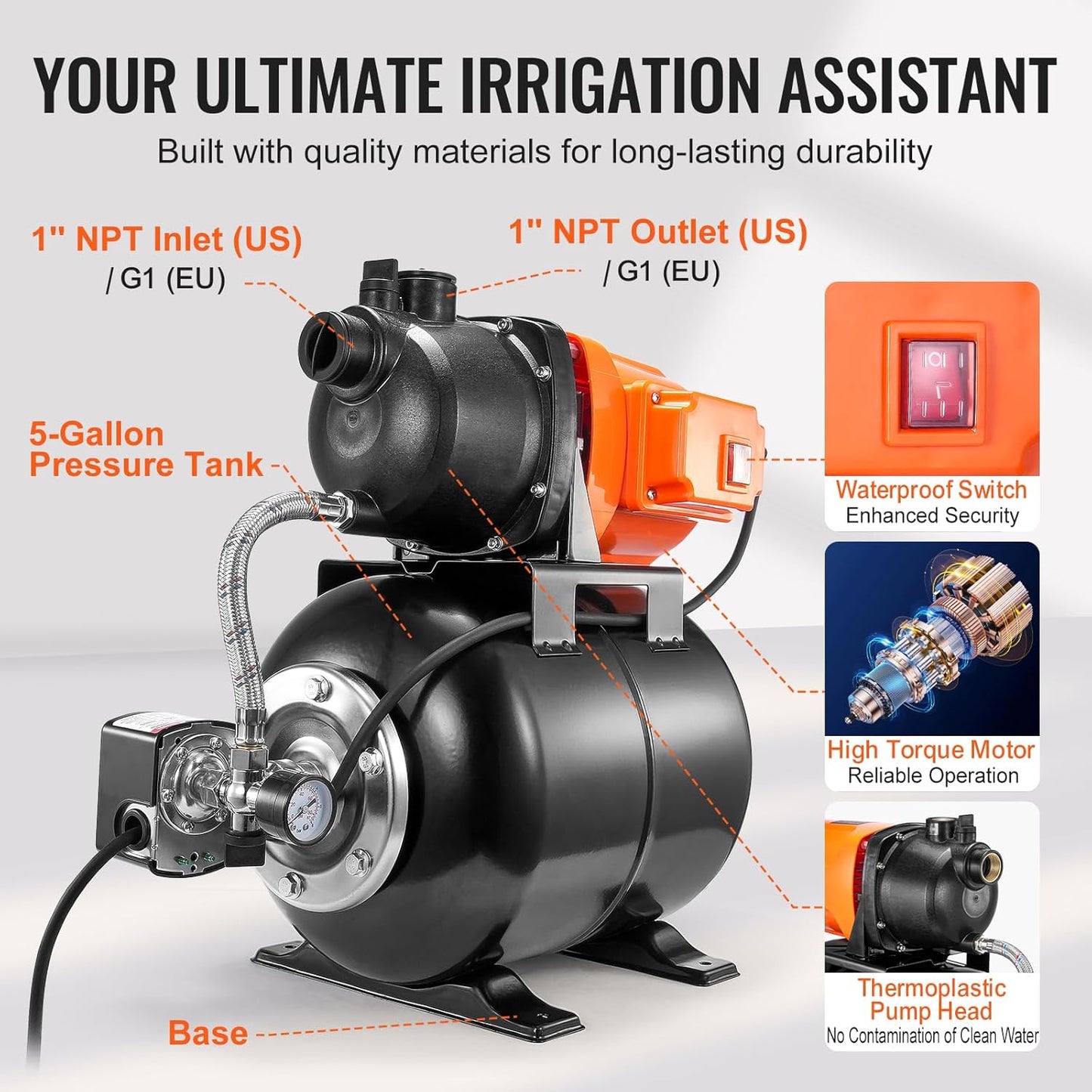 VEVOR 1 HP Shallow Well Pump with Pressure Tank, 1000 GPH/3700 L/H, Automatic Irrigation Water Booster Pump with 164 ft Lift 20/40 PSI Pressure Switch, Thermoplastic Pump Head for Home Garden Lawn