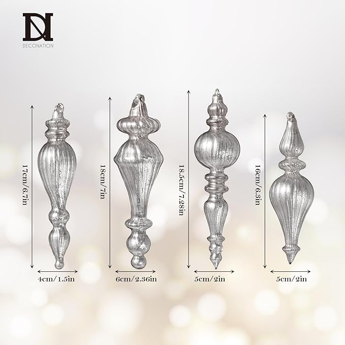 DN DECONATION Mercury Glass Finial Christmas Ornaments, Large Hanging Teardrop Ornament, Shiny Ball Ornaments for Xmas Tree, Winter Wedding, Party, Holiday Home (4-Pieces, Silver)