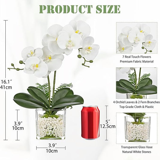 White Orchids Artificial Flowers 16.1" Faux Orchids Plant in Pot Fake Flower Arrangements with Glass Vases Small White Centerpieces for Kitchen Dining Room Tables Bathroom Nightstand Shelf Desk Decor