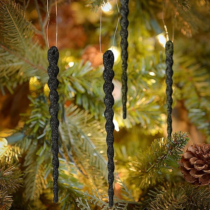 AMS Sparkling Glitter Plastic Icicle Ornaments 30 PCS Twisted Icicles Decoration Christmas Tree and Holiday Xmas Party Hanging (5.1'', Black)