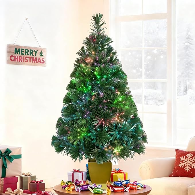 32inch Pre Lit Fiber Optic Christmas Tree,Small Christmas Tree with Lights,Mini Tabletop Christmas Trees,Starry Sky‌ Xmas Tree for Home,Office,Party Decoration,Indoor,Outdoor(Green)