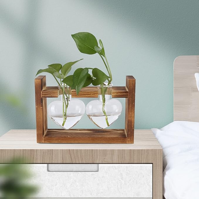 Plant Terrarium with Wooden Stand,Heart Shaped Transparent Glass Vase Flower Pot Hydroponics Plant Propagation Station for Hydroponics Plants Home Office Decor (Retro Box + 2