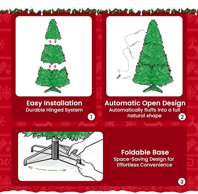 6ft Pre-lit Christmas Tree with Double-Sided Five-Fork PE & PVC Needles, Dense Realistic Pine Design, Easy Assembly Holiday Decoration Tree