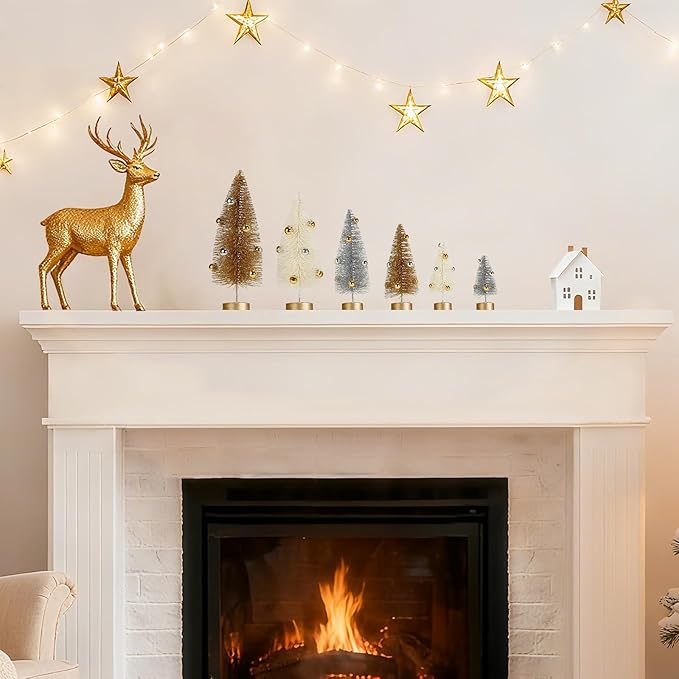 6 Pack Mini Christmas Trees, Small Miniature Frosted Bottle Brush Christmas Tree Decorations Tiny Tabletop Glittered Tree with Bead Ornaments Winter Holiday Décor for Tiered Tray Mantel Assorted Sizes