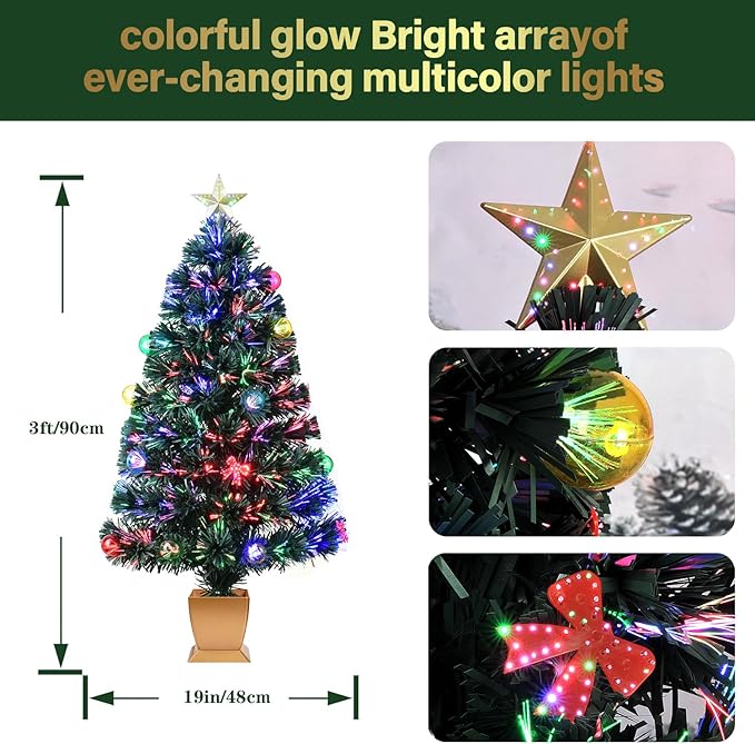 3ft Green Fiber Optic Christmas Tree,Prelit Artificial Tabletop mini Christmas Tree,Star,Butterfly and Ball Ornaments for Best Holiday Home Decorations