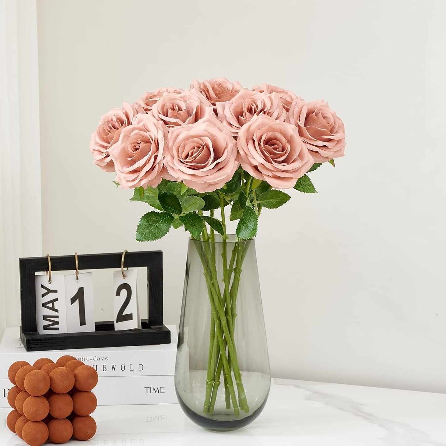 Artificial Rose 10pcs Open Flower Bouquet Faux Rose Stems for Wedding Arrangement, Bridal Bouquet, Centerpiece, Fake Faux Silk Flowers (Light Dusty Rose)