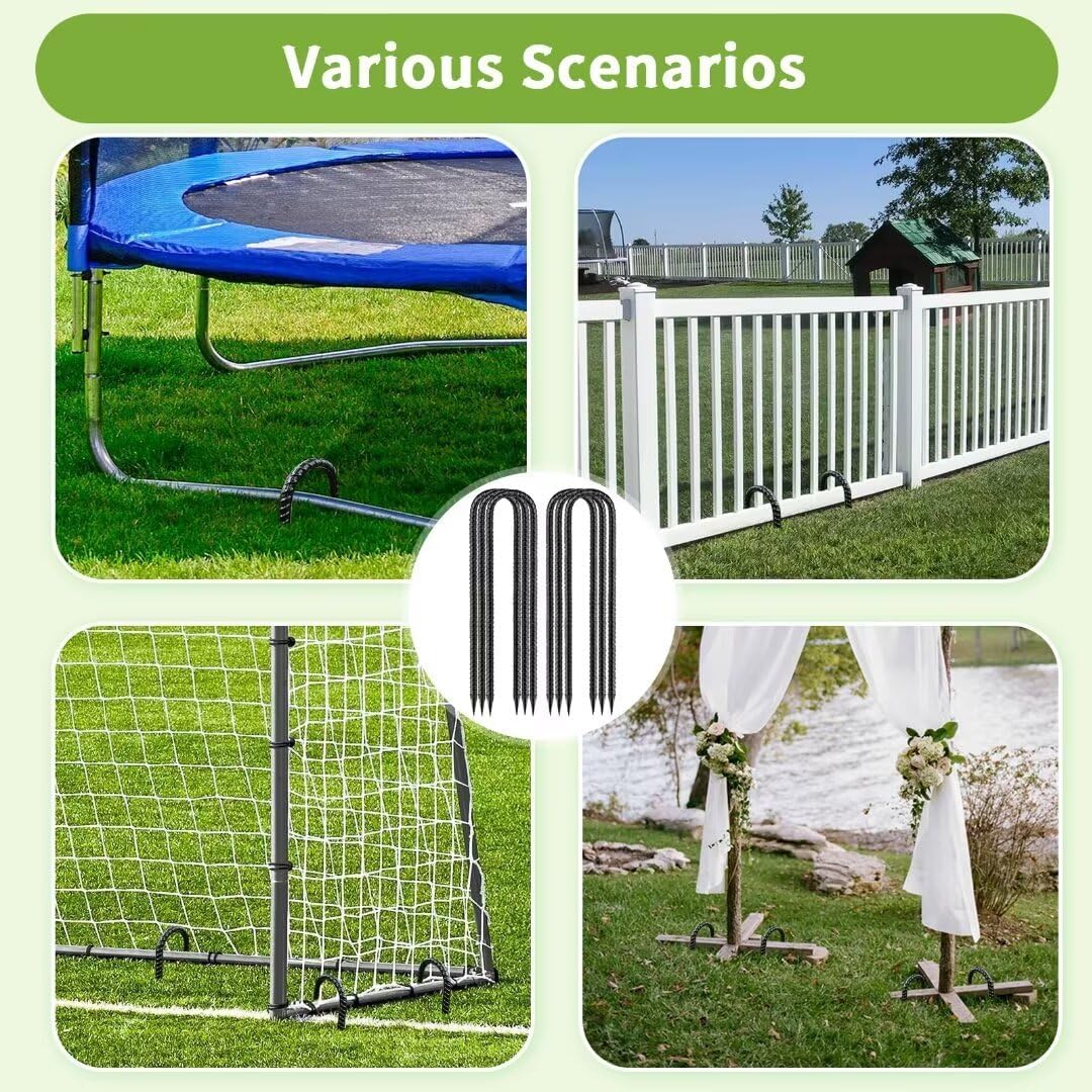 Ground-Stakes-Heavy-Duty-12 inch, U-Hook Rebar Stakes Black Coated Anti-Rust 10pcs Garden Stakes Metal Ground Anchors for Garden Dog Fence Chicken Coop Christmas Decorations Deer Fence