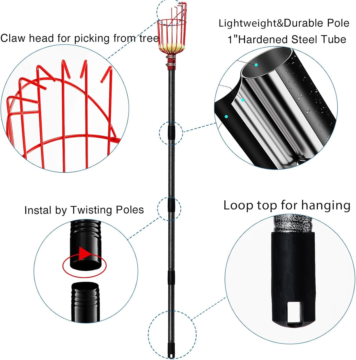 DonSail Fruit Picker Pole Tool with Basket Telescoping - Adjustable Mango Picker 35-120 inch Long Handle - Apple Orange Avocado Acorn Lemon Pear Pomelo Chery Picker for Tree