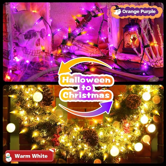 Battery Christmas Lights, 2 Pack 50 LED Dual Color Changing Mini String Light with Remote, 12 Modes 3 Auto-Timer, Waterproof for Outdoor Indoor Decor (Orange Purple & Warm White, 50 LED - 2 PACK)