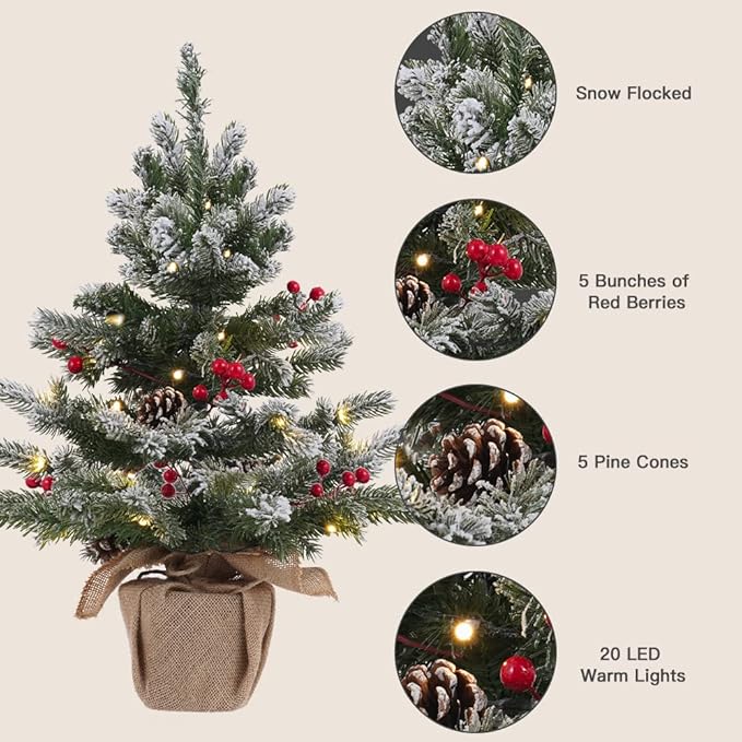 24 Inch 2 FT Pre-lit Snowy Mini Christmas Tree, DECSPAS Small Tabletop Flocked Christmas Tree with 20 LED Lights Red Berries Pine Cones and Cloth Bag Base Xmas Decorations for Holiday Party (Color A)