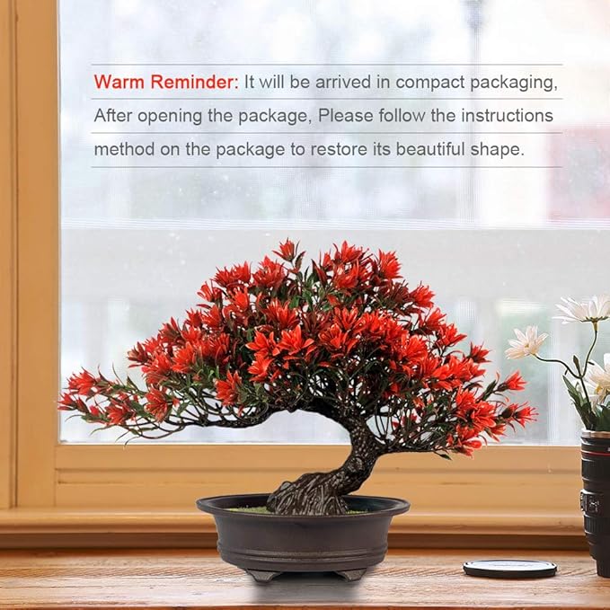 Artificial Bonsai Tree - Fake Plants for Home Decor, Bookshelf Coffee Table Office Desk Bathroom Farmhouse Indoor Decor, 9.5" Tall, Red
