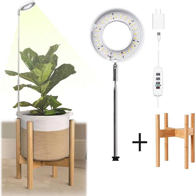 ZPirates Wood Plant Stand with Built-in Grow Lights - Extendable to Fit Small-Large Single Planter Pot - Auto Timer, Dimmable - (Pot and Plant Not Included)