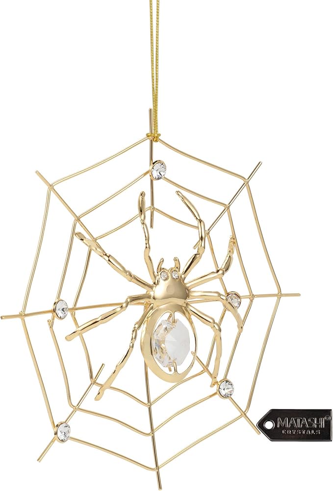 Matashi 24K Gold Plated Crystal Studded Lucky Spider Hanging Ornaments for Christmas Tree Spider Miracle Traditions, Decor - with Story of The Tradition of Tinsel Legend Spider on Web Ornament