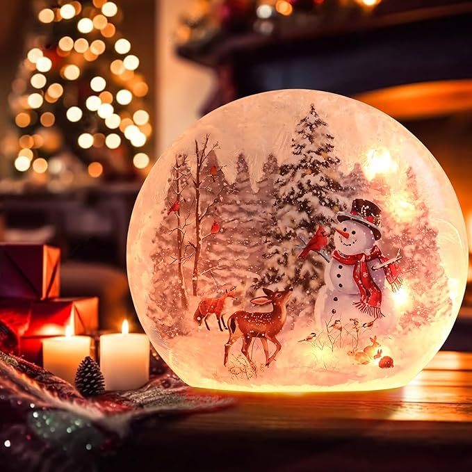 Wonder Solar Christmas Crackle Glass Ball Lights Snoman Decorations Indoor Crackle Glass LED Lighted Holiday Ball Lamp Night Lights for Christmas Holidays Seasonal Decor Lighting Decorations Indoor