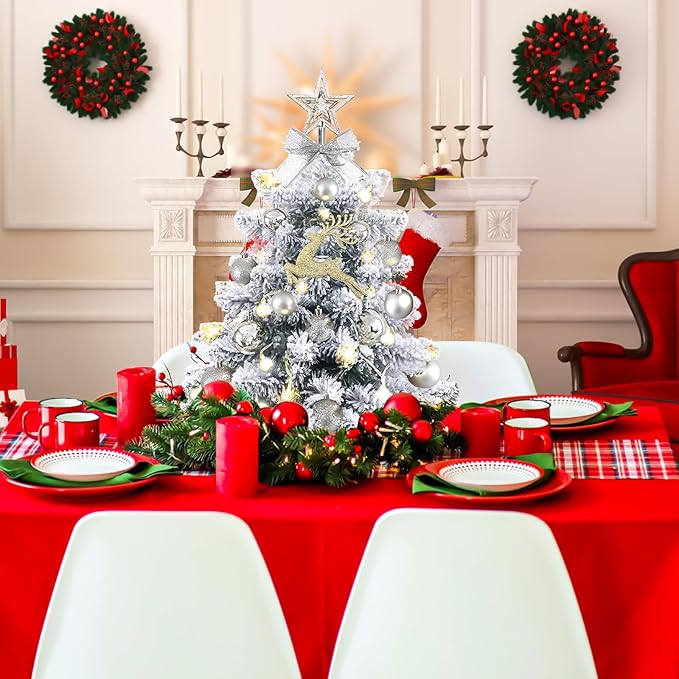 Mini Christmas Tree Prelit, Small Artificial Christmas Tree with Lights, Pre Lit Little Decoration for Table Top Home Cafe Office, Snow Flocked