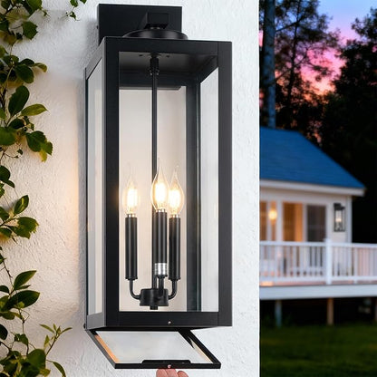 24" Extra Large Fully Enclosed Outdoor Light Fixture 3-Light, Black Outdoor Porch Lantern Wall Mounted, Waterproof Modern Outside Wall Sconce Coach Lamp for House, E12, 2 Packs