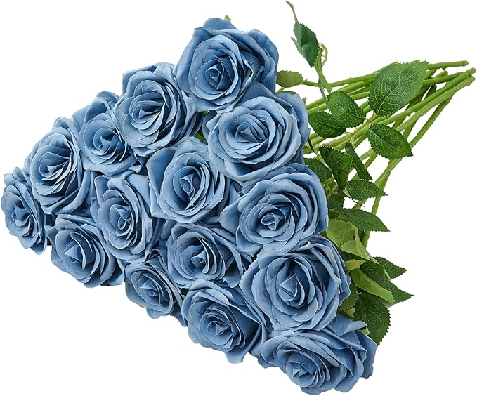 15pcs Dusty Blue Roses Artificial Flowers Silk Fake Flowers Realistic Dusty Blue Roses Bouquet Long Stem for Wedding Home Party Birthday Decoration