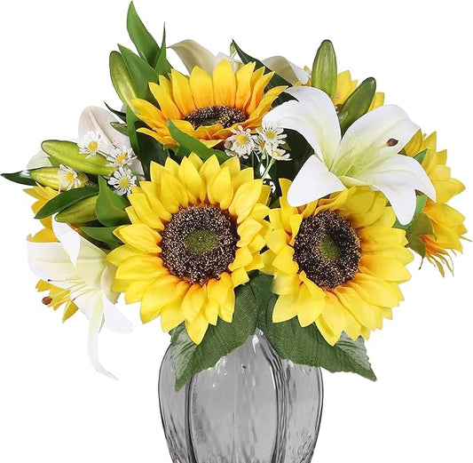 HUAESIN Artificial Sunflowers Faux Sunflowers Bouquet with Tiger Lilies Silk Flower Arrangements for Home Baby Shower Living Room Farmhouse Table Centerpieces Cemetery Flowers for Graves