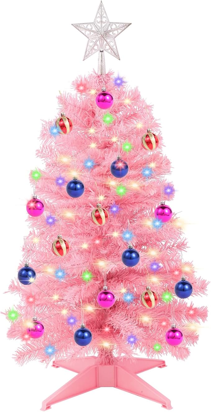 3Ft Christmas Tree with Lights, Table Christmas Tree with 50 LED 12 Modes, 3D Star, 15 Hanging Ball Ornaments, Small Prelit Xmas Tree for Tabletop, Home and Office (Pink)