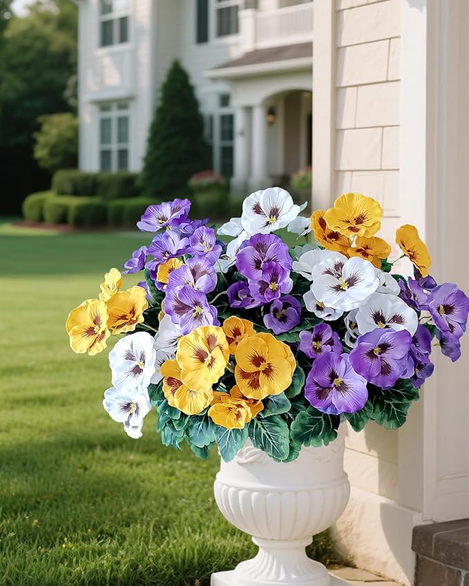6 Bundles Outdoor Artificial Pansy Flowers - UV Resistant Silk Faux Pansies (Purple, Yellow, White) for Planter, Front Door, Porch, Yard, Patio, Window Box & Home Decor
