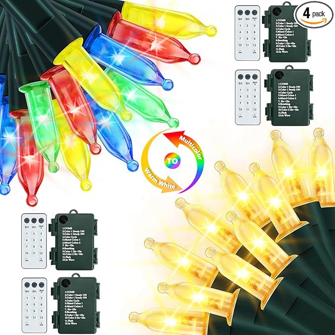 Battery Christmas Lights with Remote, 4 Pack 17ft 50 LED Dual Color Changing Mini String Light with 3 Auto-Timer Options and 12 Lighting Modes Waterproof Tree Lights (Warm White & Multicolor )