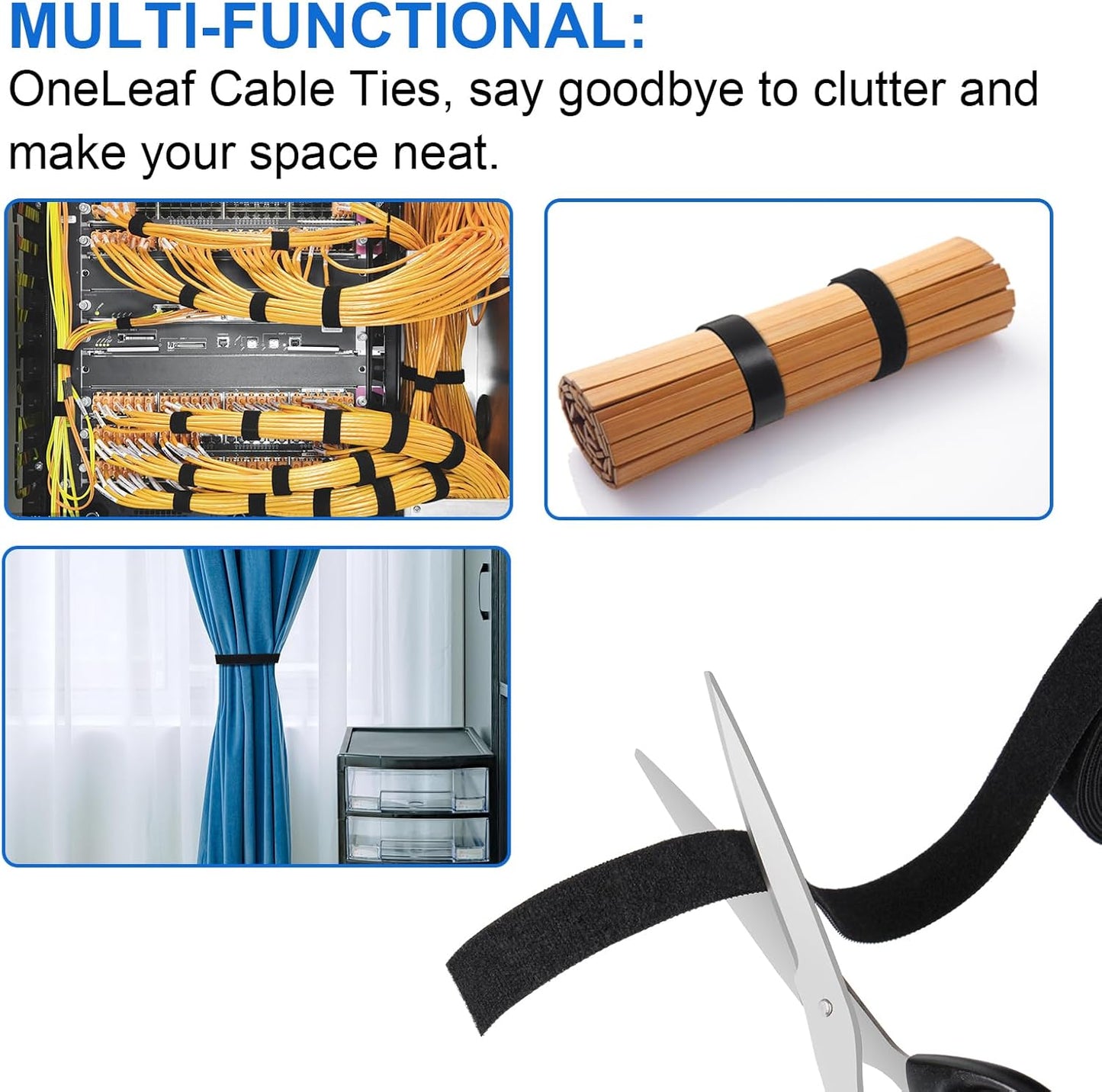 OneLeaf Fastening Cable Management Roll, 43ft x 3/4inch Cut to Length Straps, Reusable Multi-Purpose Cords Management, Double Sided Hook and Loop Cable Ties Roll (Black)