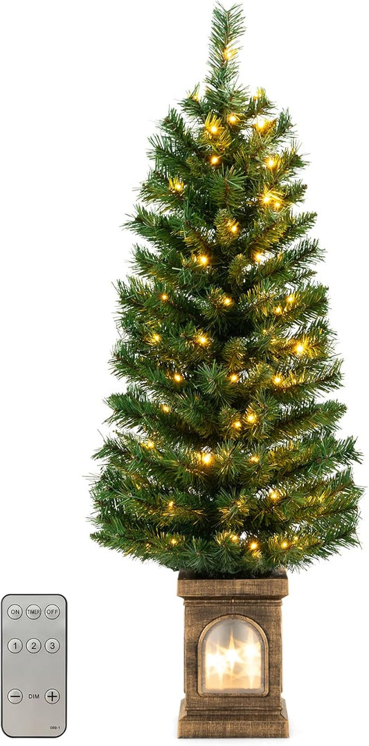GOFLAME 4FT Pre-Lit Potted Christmas Tree, Artificial Entrance Xmas Tree with 100 LED Lights, 60 Branch Tips, Timer, Holiday Decoration Tree with 3 Lighting Modes, 4 Adjustable Brightness