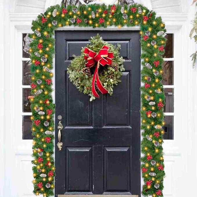 Timer & 8 Modes-9 Ft by 10 Inch Christmas Garland Decorations 50 Warm White Lights Lighted 270 Branch 70 Red Berries 10 Pinecone Mantle Xmas Garland Christmas Decor
