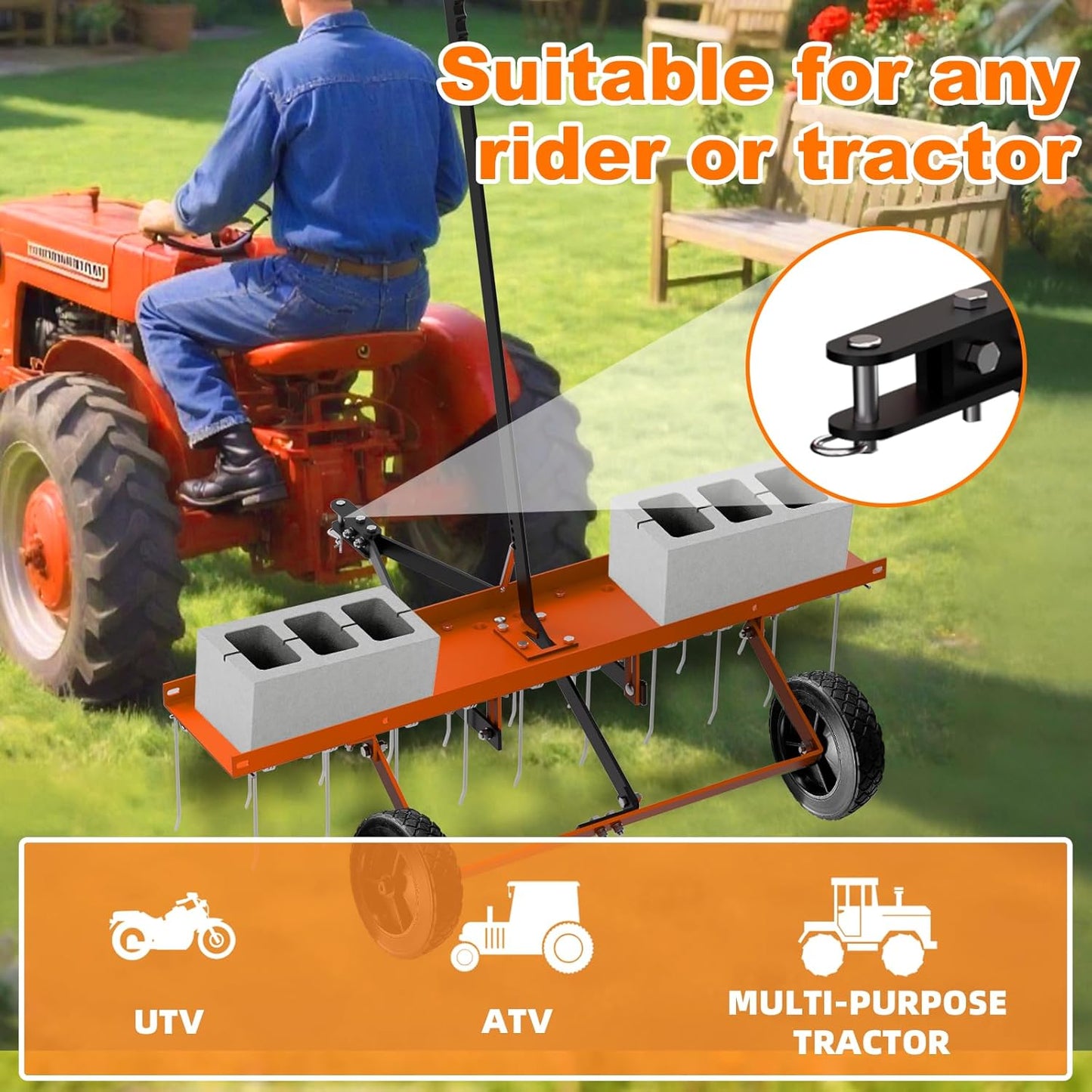 40inch Tow Behind Dethatcher with 20 Spring Steel Tines, Lawn Tractor Rakes with Lift Handle, Tow Behind Rake to Remove Thatch, Riding Lawn Mower Attachments for Outdoor Yard Tools Lawn Care