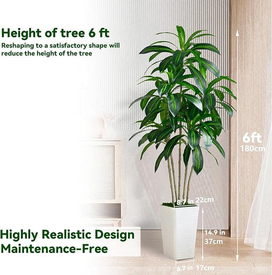 Artificial Dracaena Tree-6FT Tall Fake Plants with White Tall Planter-Artificial Plants Indoor Floor Plant in Pot-Large Tropical Fake Yucca Potted Tree for Home Office Living Room Decor