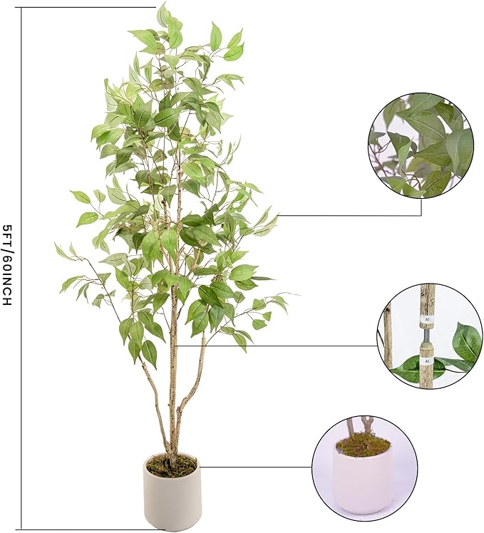 Artificial Fake Ficus Tree 5FT Tall 1Pack with White Planter & Free Moss, Artificial Plants Indoor, Artificial Trees for Home Decor Indoor, Faux Ficus Tree